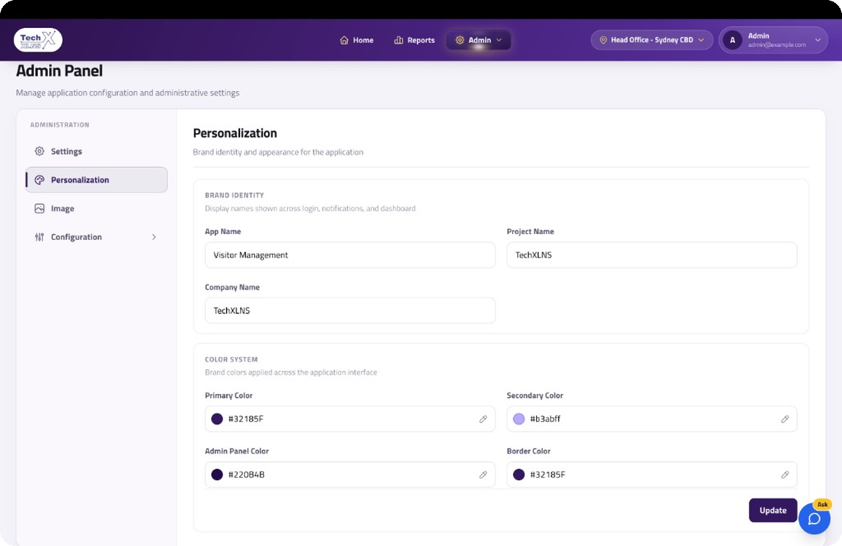 Admin application assets screen