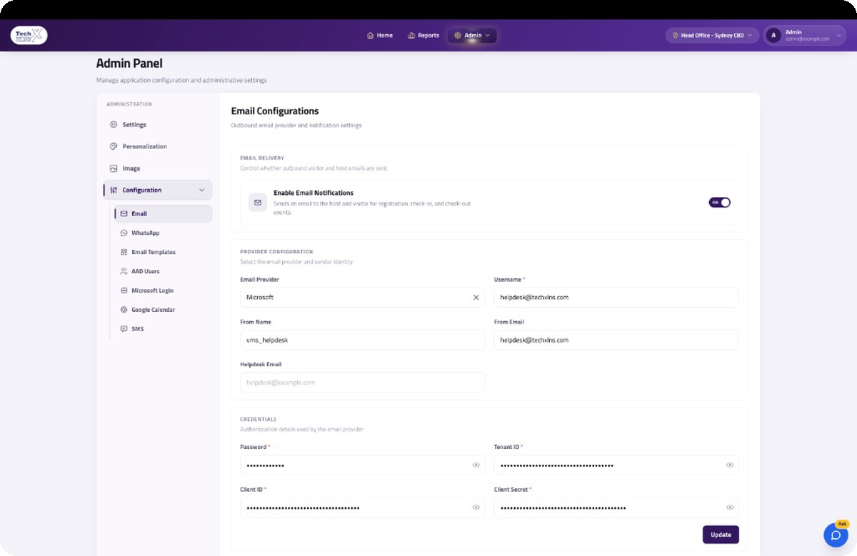 Email templates administration screen