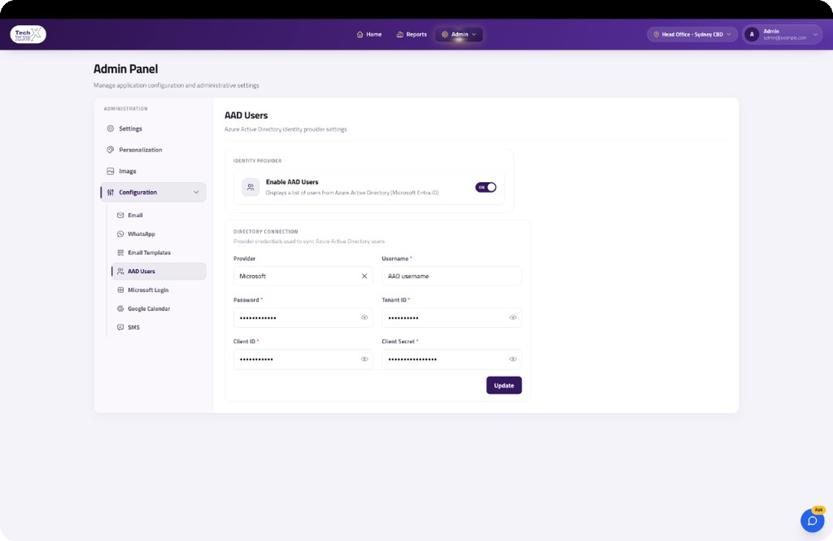 AAD users configuration screen