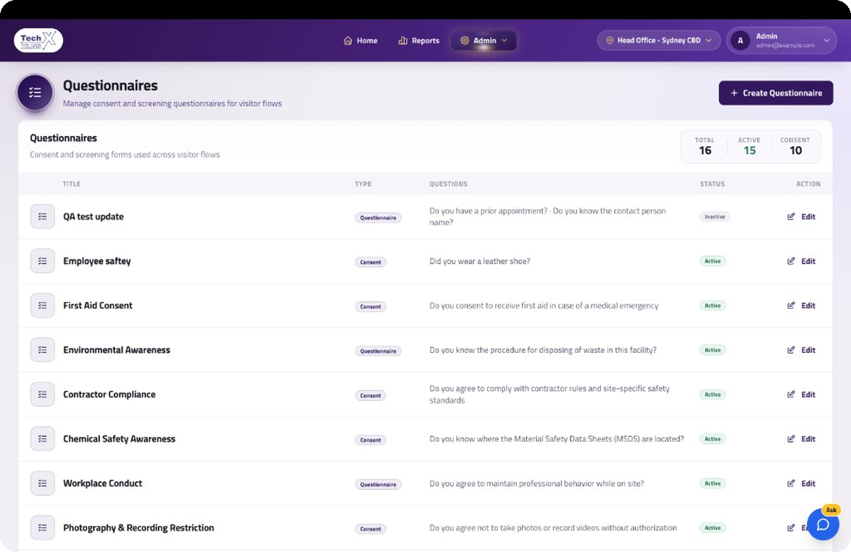 Questionnaires management screen