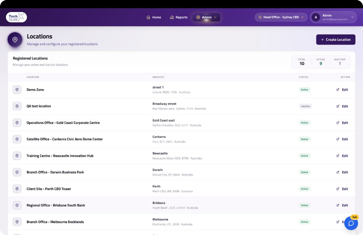 Locations management screen