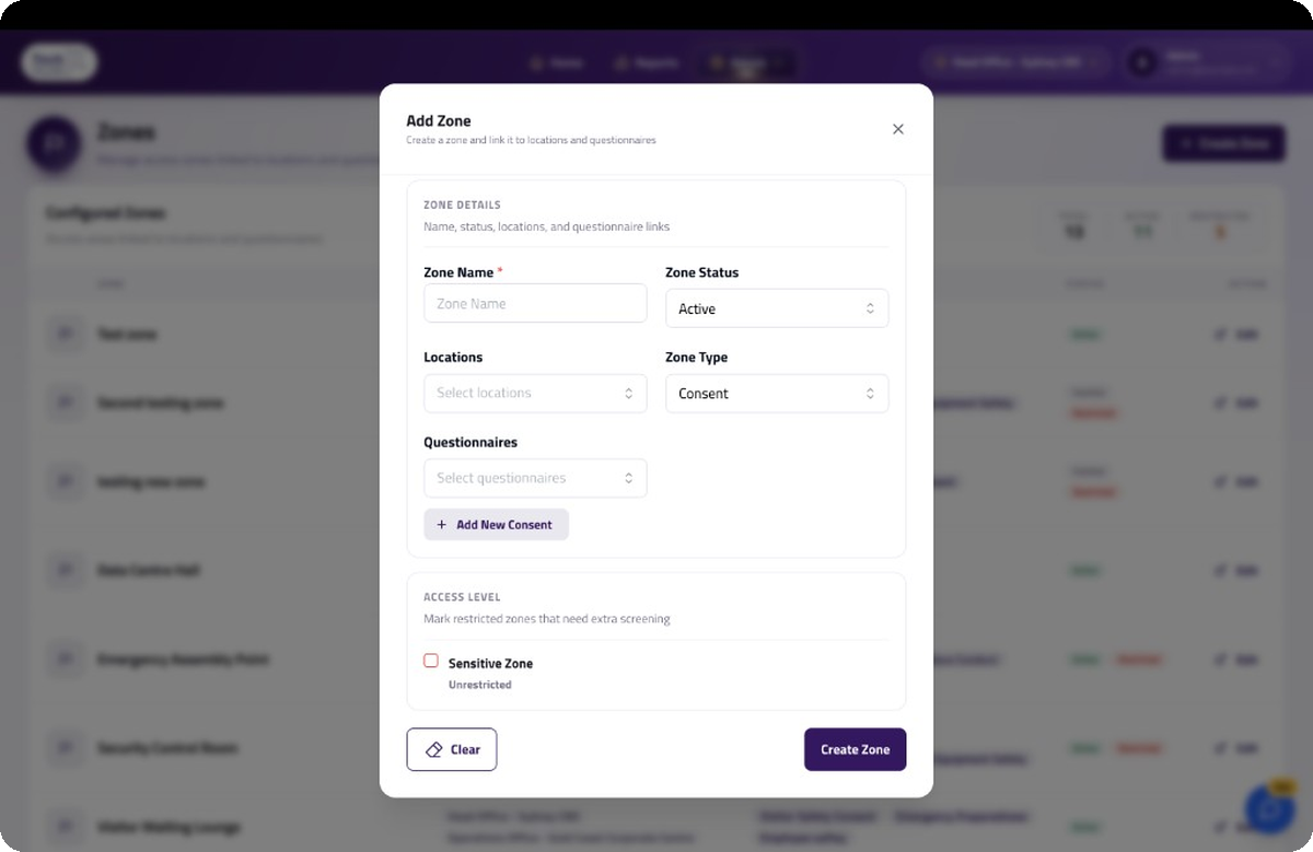 Add zone modal screen