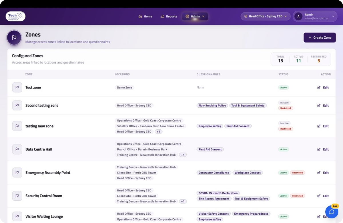 Zones management screen